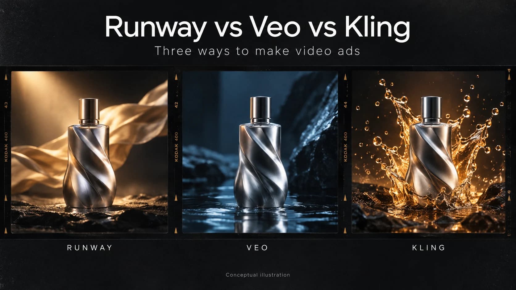 Conceptual illustration: one silver product bottle in three cinematic treatments, labeled Runway, Veo and Kling. These are not model output samples.
